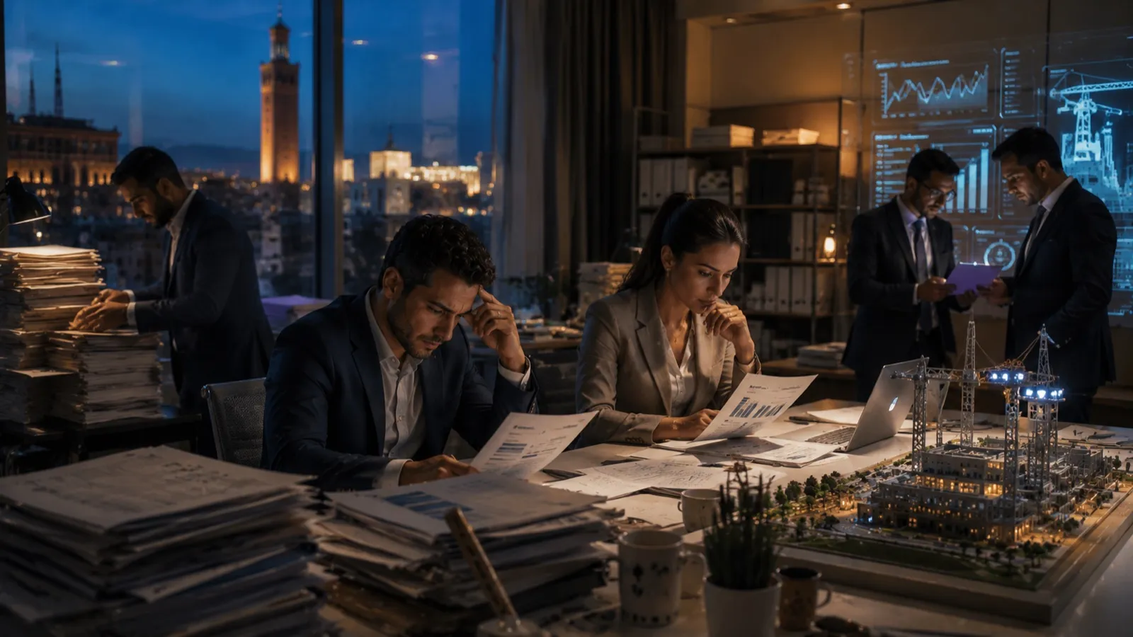 Professionnels d'une PME marocaine concentrés sur des dossiers d'appel d'offres, le soir, dans un bureau avec vue sur Marrakech.