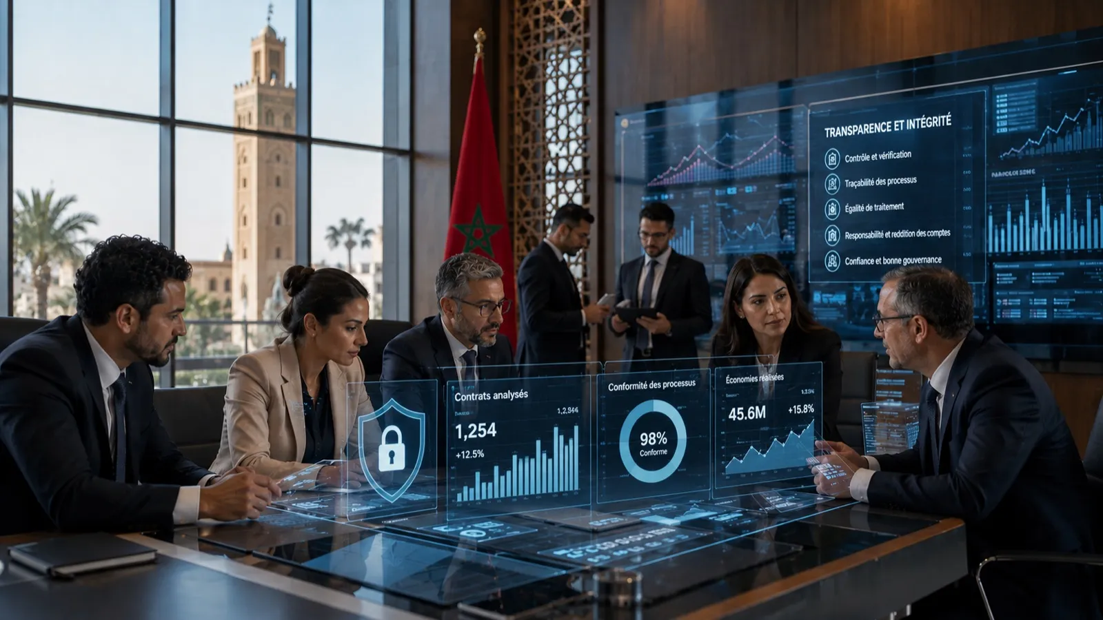 Responsables marocains examinant un tableau de bord de transparence et de conformité dans une salle de réunion à Marrakech.