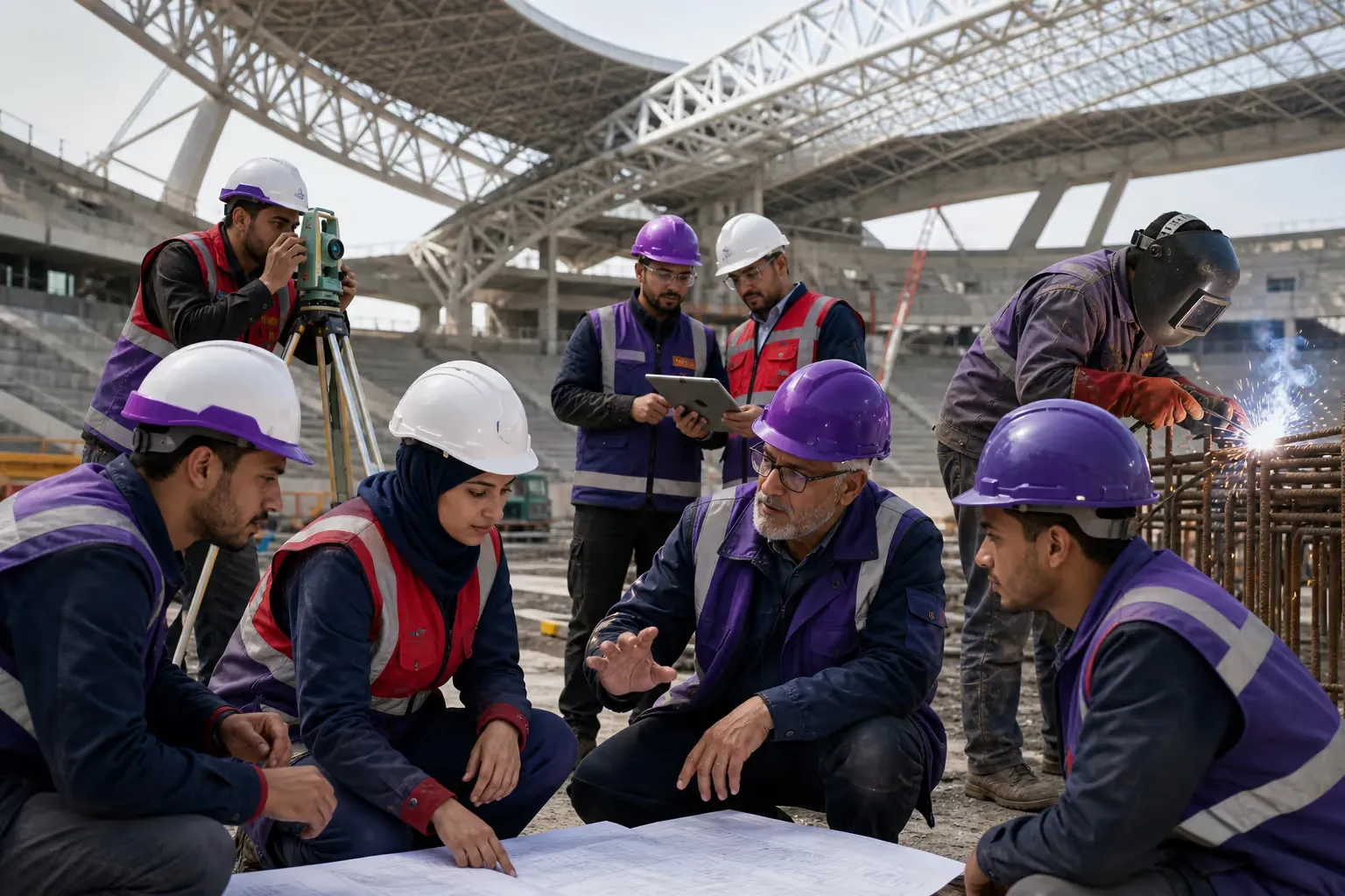 Ingénieurs, géomètres, soudeurs et responsables marocains transmettant leur savoir-faire sur un chantier de stade.